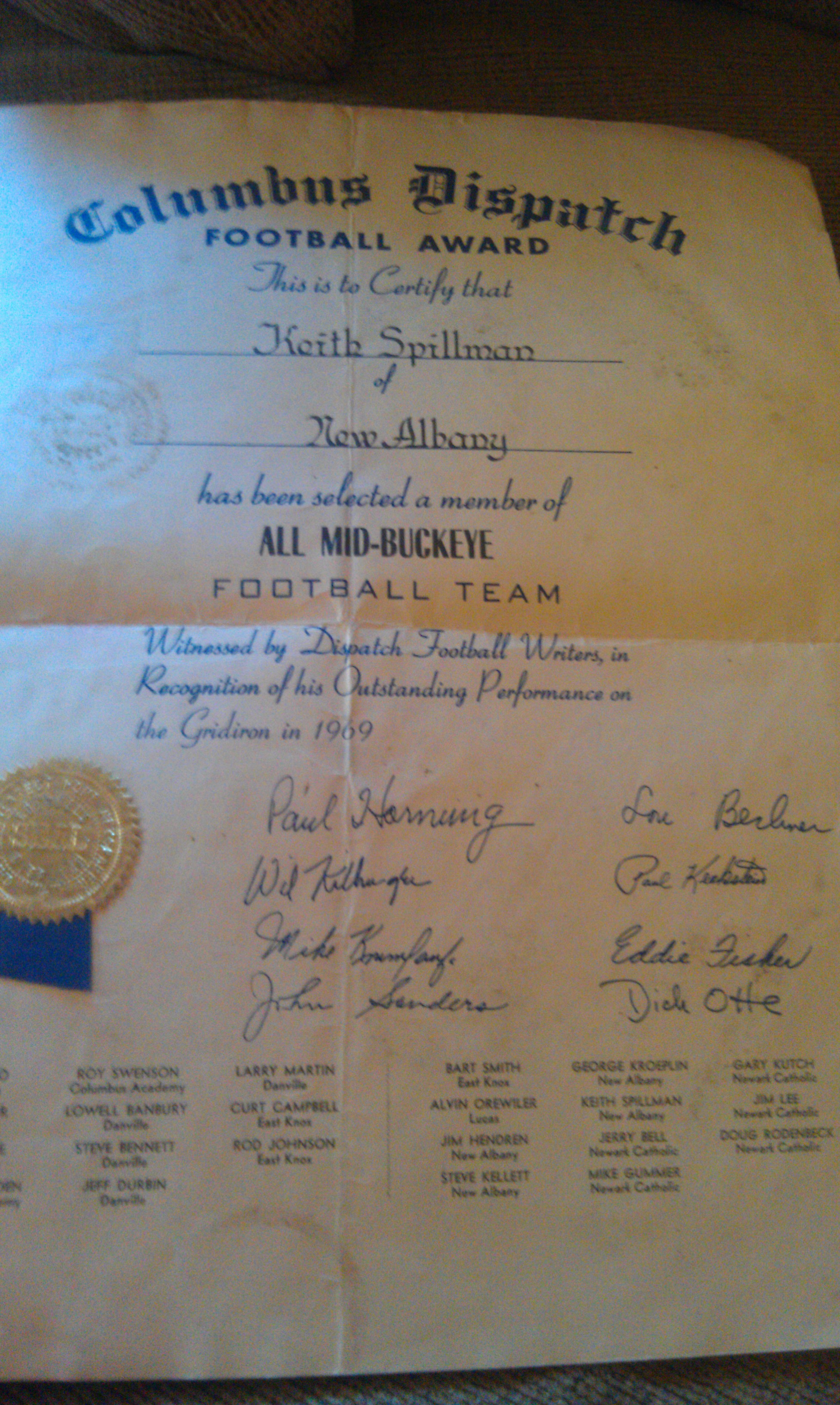 Columbus Dispatch Football Award Certificate